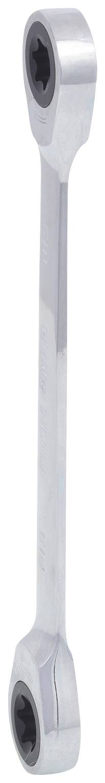 Ein silberner Maulschlüssel mit runden Enden und zwei Schraubköpfen, die jeweils eine sechseckige Öffnung haben, aufrecht stehend.