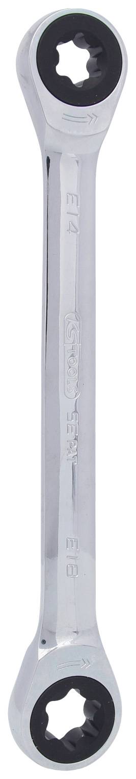 Ein silberner Doppel-Ringschlüssel mit unterschiedlichen Größeneinsätzen an beiden Enden, geeignet für Schraubarbeiten.