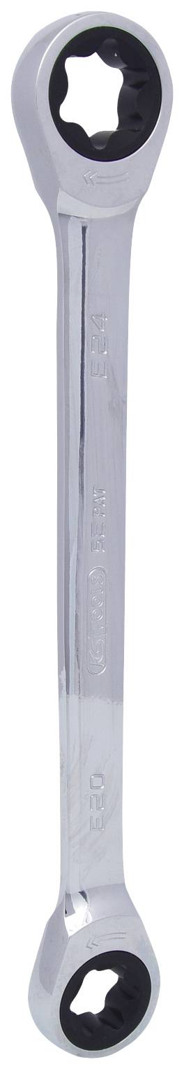 Ein doppelendiger Ratschenschlüssel aus Metall, beide Enden mit einer sechszackigen Öffnung, geeignet für Schraubarbeiten.
