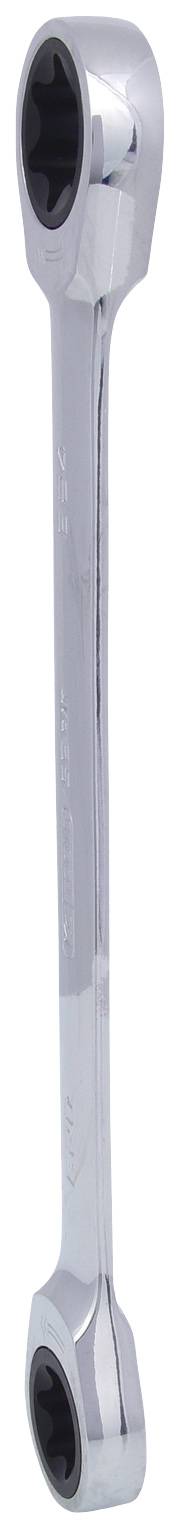 Ein verchromter Ringschlüssel mit zwei unterschiedlich großen Enden zur Befestigung und Lösung von Muttern und Schrauben.