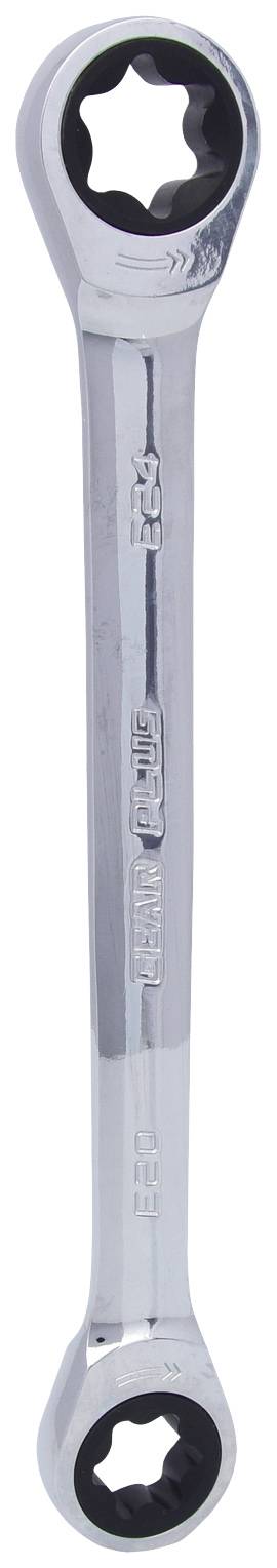 Ein doppelseitiger Schraubenschlüssel mit ovalen Enden für Torx-Schrauben, silbern und aus Metall gefertigt.