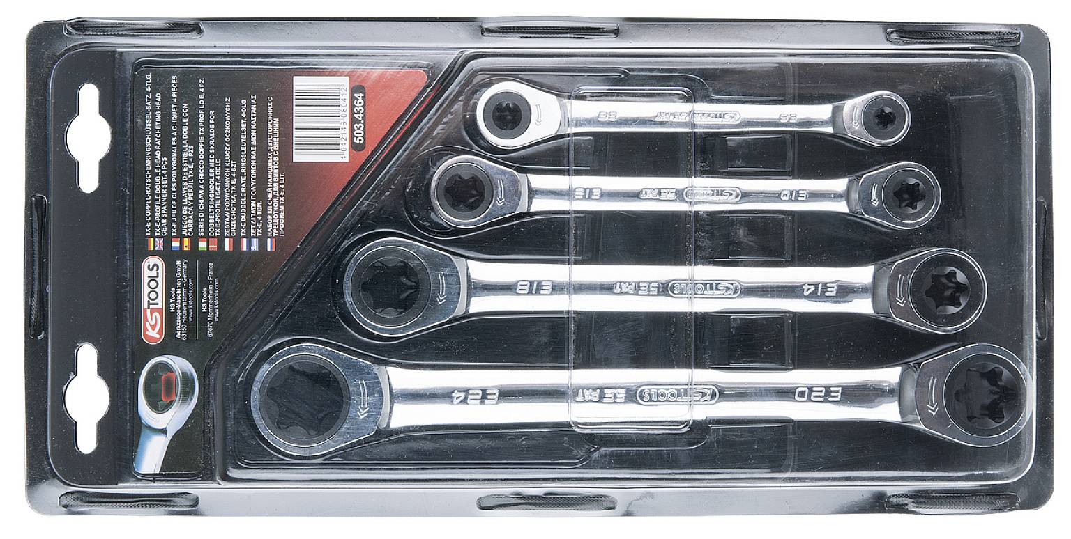 Fünfteiliger Ratschenringschlüsselsatz in einer durchsichtigen Verpackung. Unterschiedliche Größen für verschiedene Schraubengrößen.