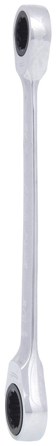 Ein doppelseitiger Ringschlüssel aus Metall mit unterschiedlichen Größen an jedem Ende. Geeignet zum Anziehen oder Lösen von Schrauben.