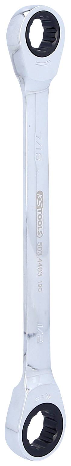 Ein silberner Ringschlüssel mit zwei offenen Enden, beide in Schwarz gefärbt.