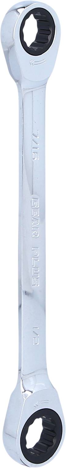 Ein silberner, doppelendiger Maulschlüssel mit ringförmigem Griff an beiden Enden, geeignet zur Anwendung in Schraubarbeiten.