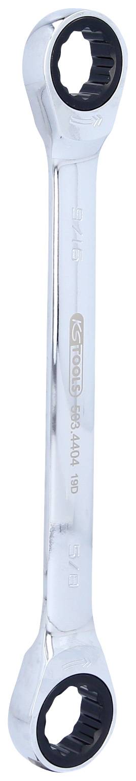 Ein silberner Doppel-Ringschlüssel mit geriffeltem Griff. Die Enden haben unterschiedliche Größen zur Anpassung an verschiedene Schrauben.