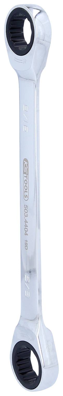 Ein doppelendiger Ringmaulschlüssel mit verchromter Oberfläche und Gummigriffen an den Enden. Geeignet für verschiedene Schraubengrößen.