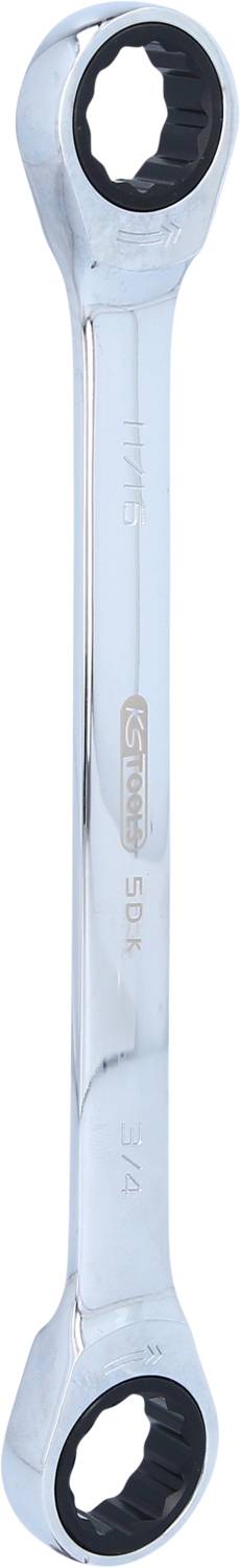 Ein glänzender, doppelseitiger Ringschlüssel mit zwei unterschiedlich großen sechseckigen Öffnungen an den Enden.