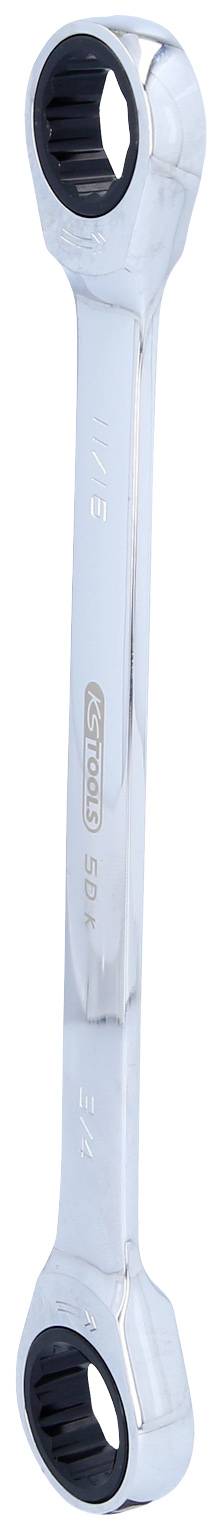 Ein verchromter Ringschlüssel mit zwei unterschiedlich großen Enden, verwendet zum Lösen oder Festziehen von Schrauben und Muttern.