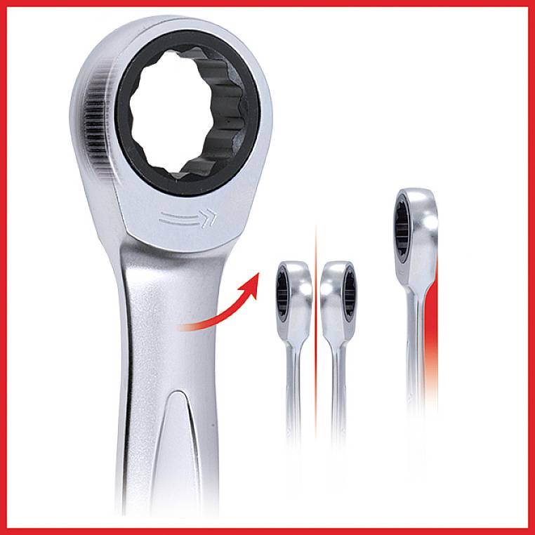 Ein verstellbarer Ratschenschlüssel mit Pfeil, der die Drehfunktion zeigt, daneben zwei weitere kleinere Ansichten des Werkzeugs.