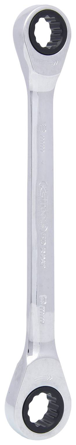 Ein silberner Doppelringschlüssel mit vierkantigen Löchern an beiden Enden, verwendet zum Anziehen oder Lösen von Schrauben und Muttern.