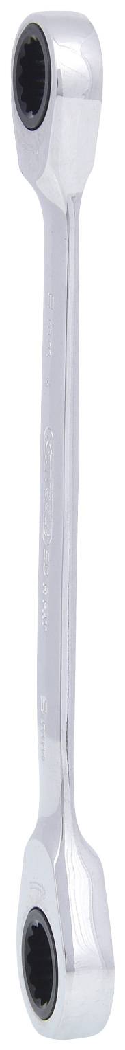 Ein silberner Doppelringschlüssel mit zwei unterschiedlich großen Schlüsselseiten, geeignet für das Anziehen oder Lösen von Schrauben.