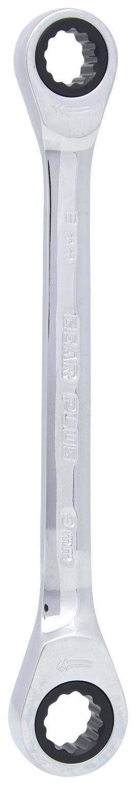 Silberner Doppelringschlüssel mit zwei verschiedenen Enden, die jeweils eine sechseckige Öffnung zum Festziehen oder Lösen von Schrauben haben.