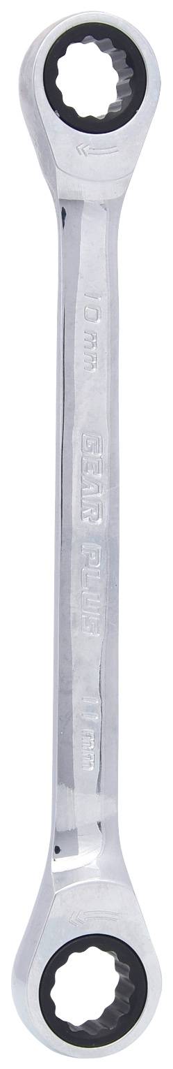 Ein silberfarbener Schraubenschlüssel mit zwei Zahnkranz-Aufnahmen an den Enden, jeweils mit sechs Zacken.