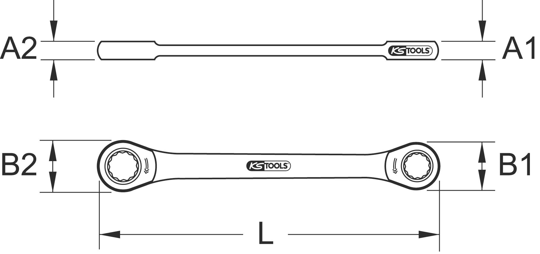 Technische Zeichnung eines Doppelringschlüssels von KS Tools mit Maße A1, A2, B1, B2 und Länge L.
