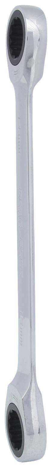 Ein silberner Ring-Maulschlüssel mit zwei unterschiedlichen Schlüsselweiten an den Enden, geeignet für verschiedene Muttern und Schrauben.