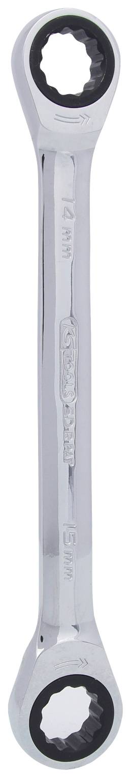 Ein Ratschenringschlüssel aus Metall mit zwei Enden, eins 14 mm und das andere 15 mm, für mechanische Arbeiten.