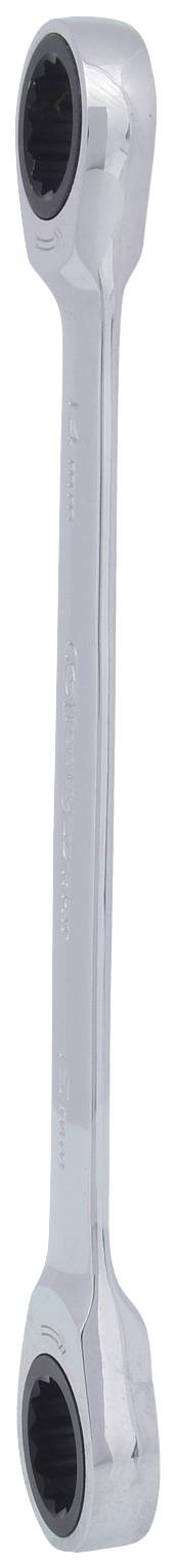 Ein verchromter Ringschlüssel mit zwei unterschiedlich großen Enden, verwendet für das Lösen oder Anziehen von Schrauben.