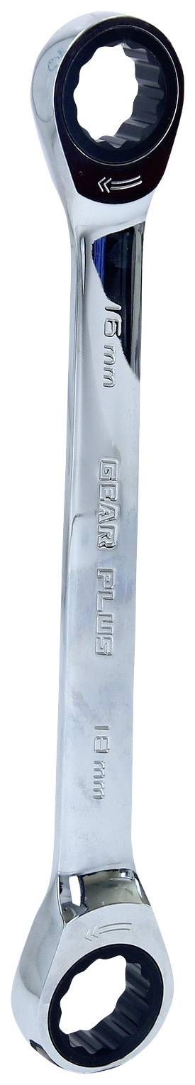 Ein silberner Ringschlüssel mit Ratsche, 16 mm und 18 mm Größenmarkierungen.