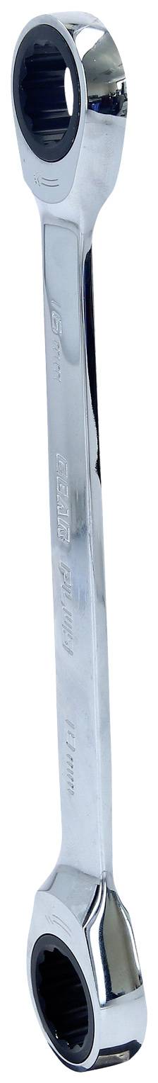 Ein verchromter Ringschlüssel mit zwei offenen Enden in unterschiedlicher Größe, geeignet zum Lösen oder Anziehen von Schraubenmuttern.