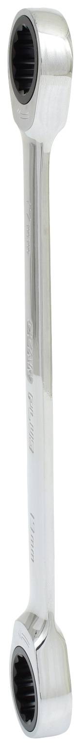 Ein silberner Ringmaulschlüssel mit zwei unterschiedlich großen Enden, verwendet zum Lösen oder Anziehen von Muttern und Schrauben.