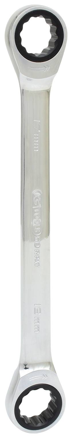 Ein silberner Doppelseitenschlüssel mit zwei unterschiedlich großen Zahnprofilen an den Enden für verschiedene Schraubengrößen.