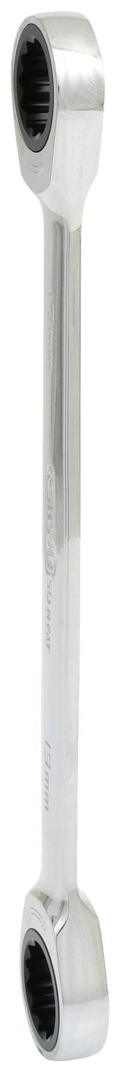 Ein silberner Ringschlüssel mit zwei Enden, die gezahnte Öffnungen haben, geeignet für das Anziehen oder Lösen von Schraubenmuttern.