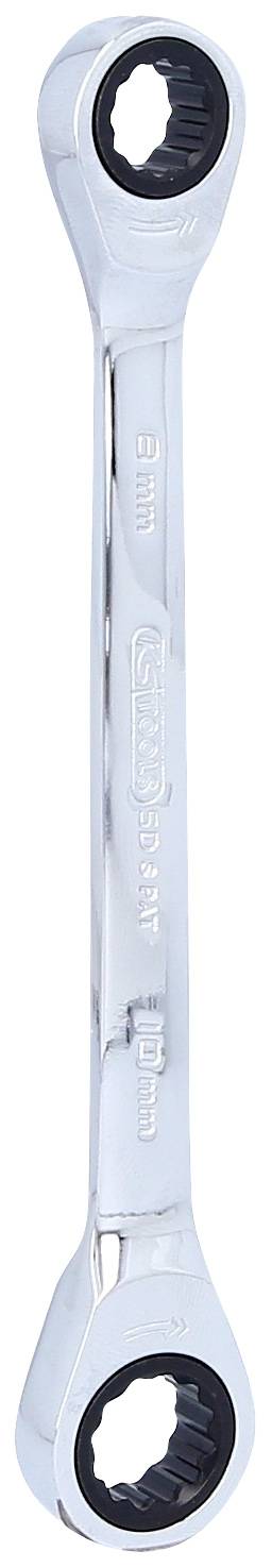 Eine silberne Doppel-Ringschlüssel-Ratschenschlüssel mit Größenmarkierungen an beiden Enden.