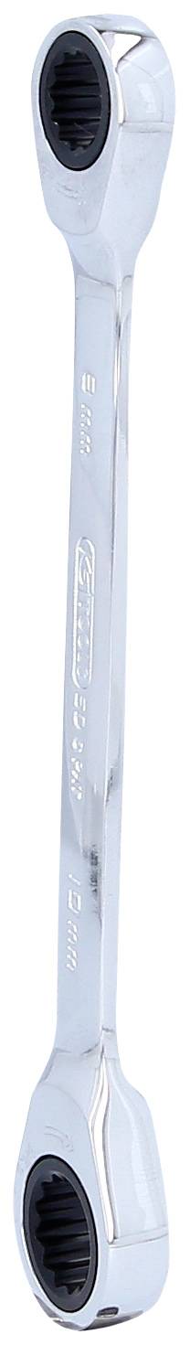 Ein silberner Ringschlüssel mit zwei unterschiedlich großen Enden, geeignet zum Anziehen oder Lösen von Muttern und Schrauben.