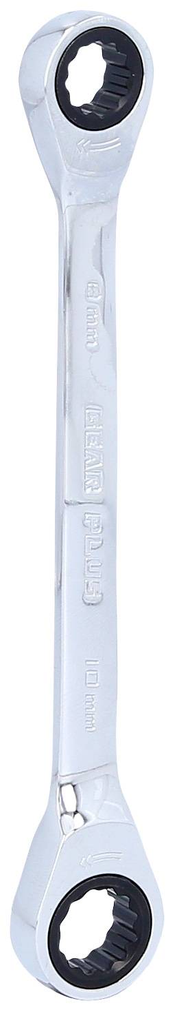 Doppel-Ringschlüssel aus Metall mit Ratschfunktion, zeigt verschiedene Größen an den Enden, verwendet für Schraubenarbeiten.