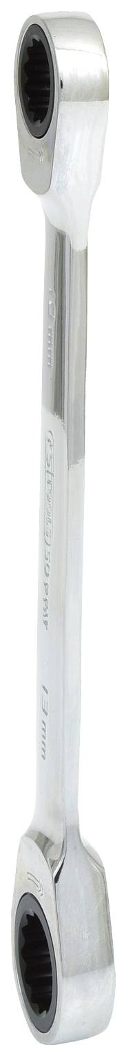 Ein silberner Doppelringschlüssel mit zwei Steckschlüsselenden, geeignet für das Anziehen oder Lösen von Schrauben und Muttern.