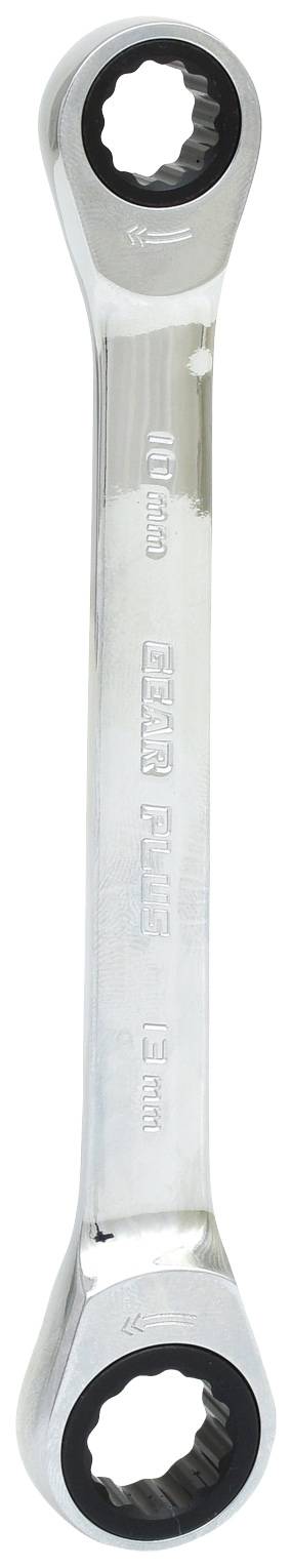 Ein silberner Maulschlüssel mit zwei Ringen an den Enden, geeignet zum Festziehen oder Lösen von Schrauben und Muttern.