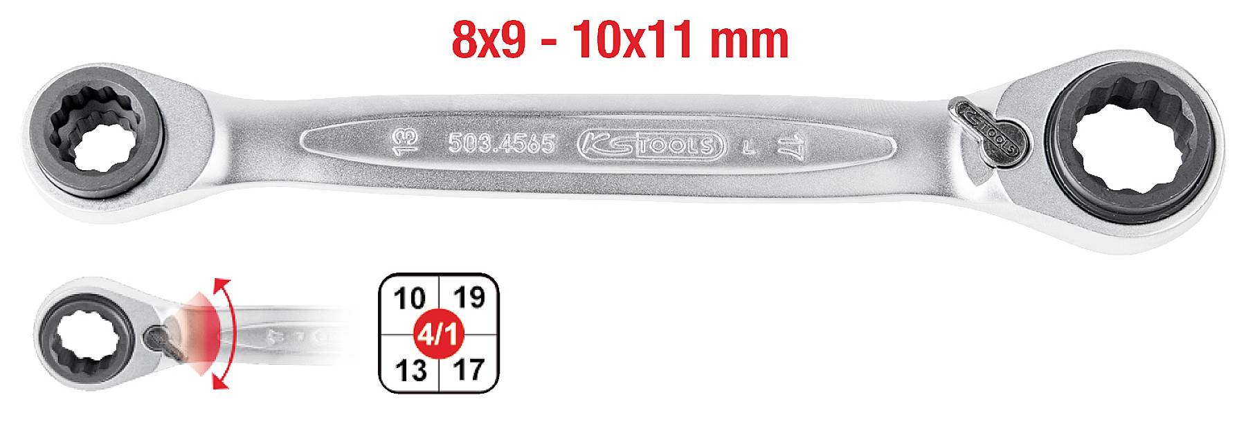 Doppelseitiger Ratschenringschlüssel, Gr. 8x9 - 10x11 mm, flexibel beweglich, mit Markierung für Richtungswechsel.