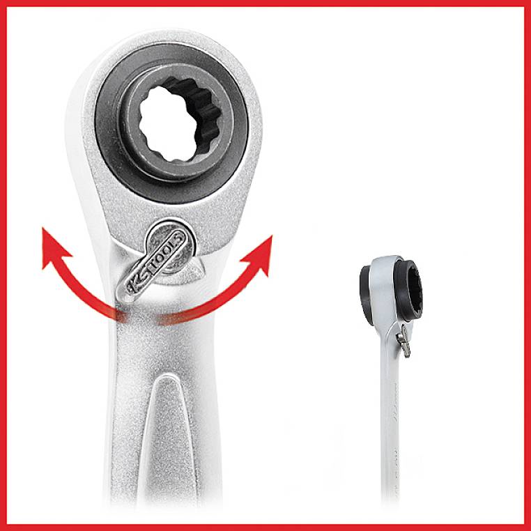 Eine Knarre mit Pfeilen, die die Drehbewegung anzeigen, und einer Nahaufnahme von der Seite.