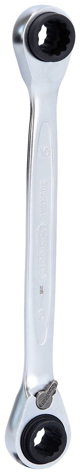 Ein silberner Ringschlüssel mit zwei Ratschen an den Enden, für verschiedene Schraubengrößen geeignet. Ideal für mechanische Arbeiten.