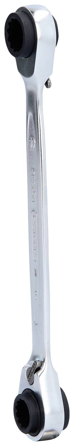 Ein silberner, doppelendiger Ringschlüssel mit zwei unterschiedlich großen sechskantigen Aufsätzen an jedem Ende, geeignet für Schraubarbeiten.