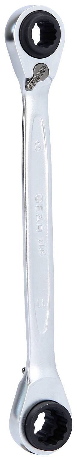 Ein silberner Doppel-Schraubenschlüssel mit Ratschenmechanismus an beiden Enden.