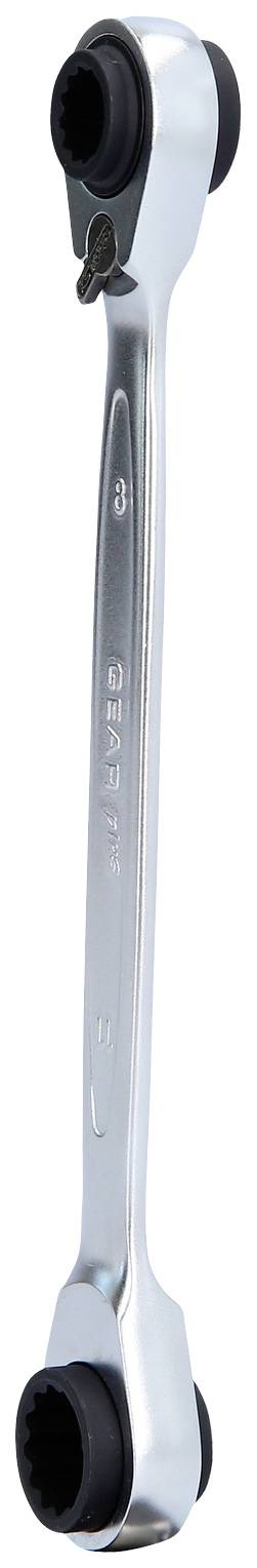 Doppelringschlüssel mit 90-Grad-Kopf und schwarzen Gummiendstücken, geeignet für schwer zugängliche Muttern und Schrauben.