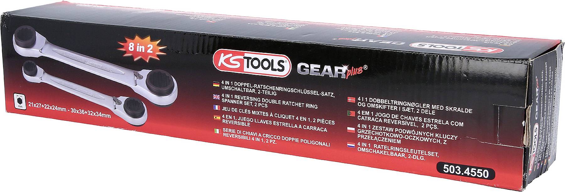 Verpackung von KS Tools GEARplus Ratschenschlüsselsatz, zeigt zwei Ratschenschlüssel. Text auf der Verpackung hebt doppelte Ratschenfunktion hervor.