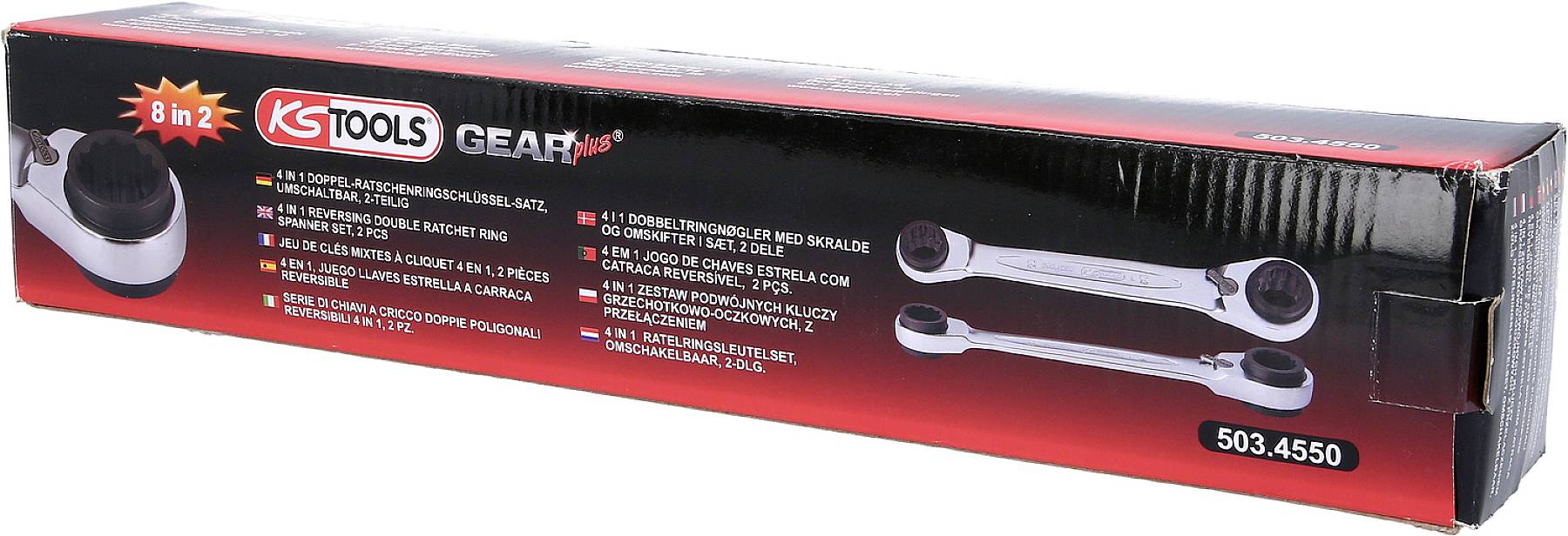 Verpackung eines Ratschensatzes mit 'KS Tools' Logo. Enthält zwei verchromte Ratschenschlüssel. Modellnummer 503.4550.