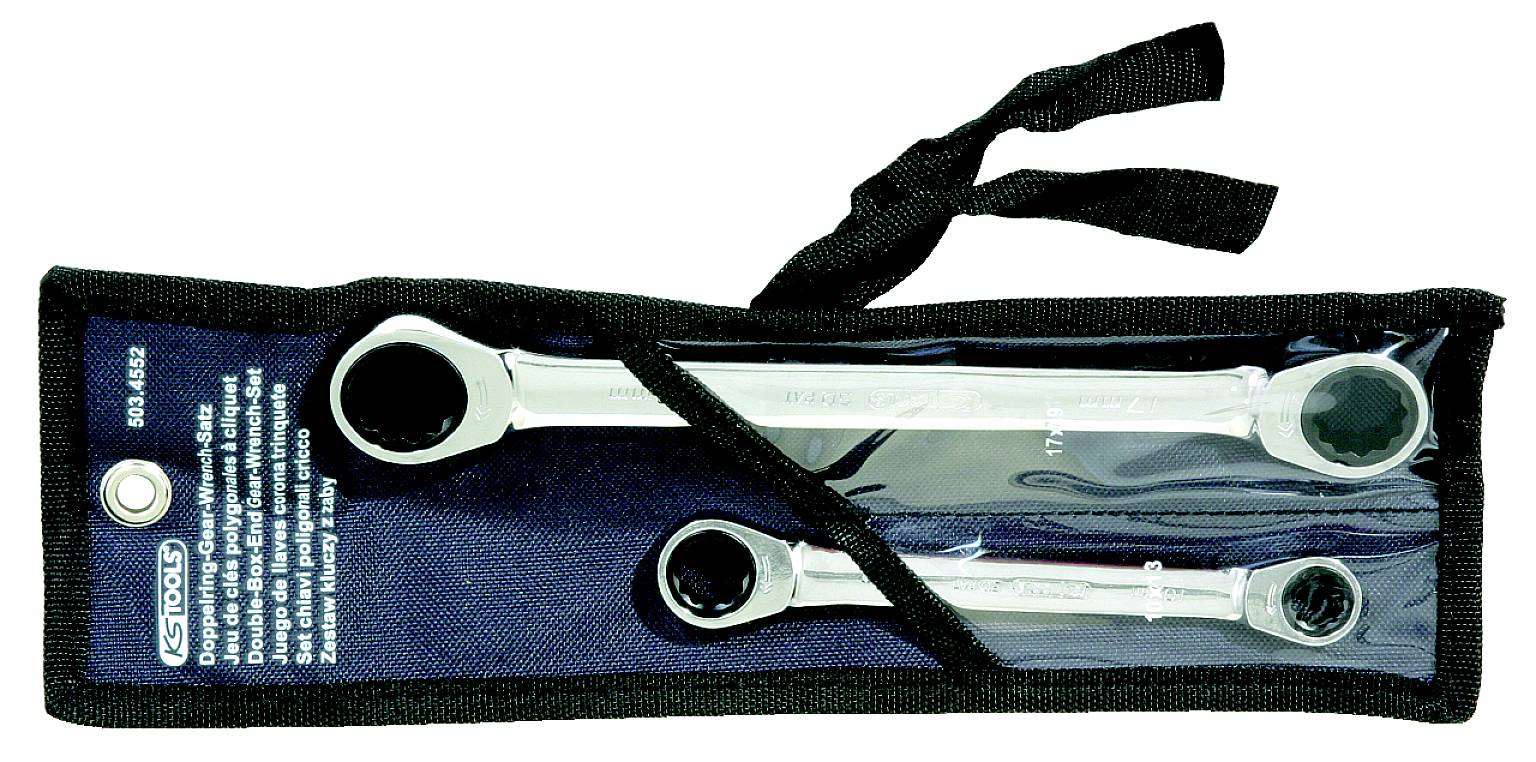 Zwei Ringschlüssel in einer blauen Tasche mit Sichtfenster und Verschlussbändern.