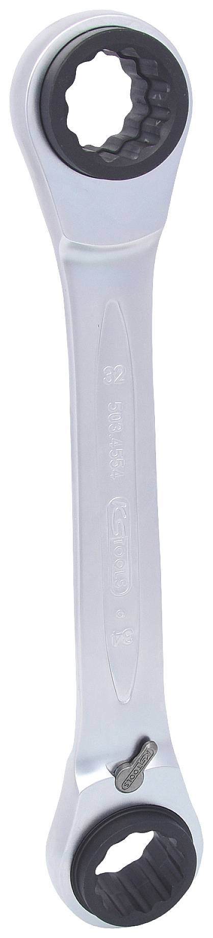 Ein silberner Ringschlüssel mit Ratschenfunktion, oben und unten zahnradähnliche Öffnungen, geeignet für Schraubarbeiten.