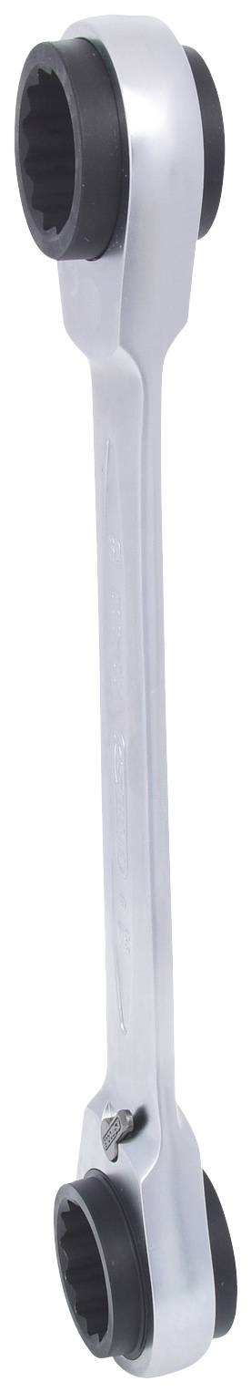 Metallischer Maulschlüssel mit zwei unterschiedlich großen Maulöffnungen an jedem Ende, geeignet zum Anziehen oder Lösen von Schrauben.