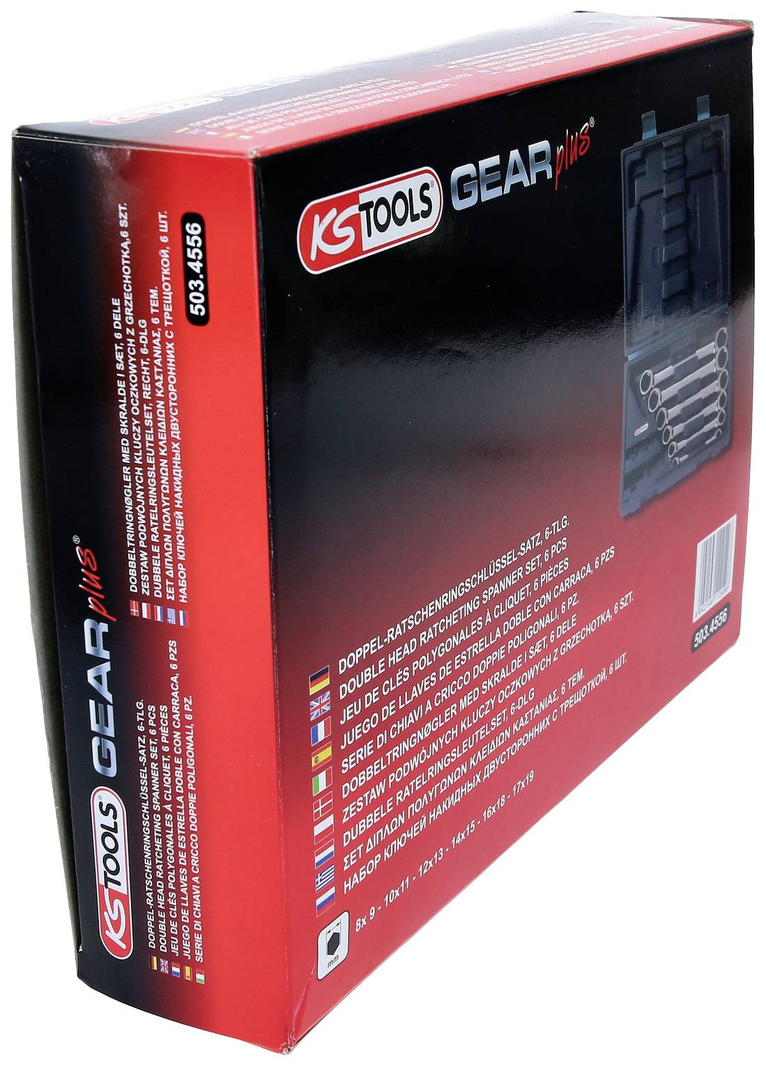 Rote Verpackung von 'KS Tools Gear Plus', zeigt ein Werkzeugsatz mit Doppel-Ratschenschlüsseln in verschiedenen Größen.