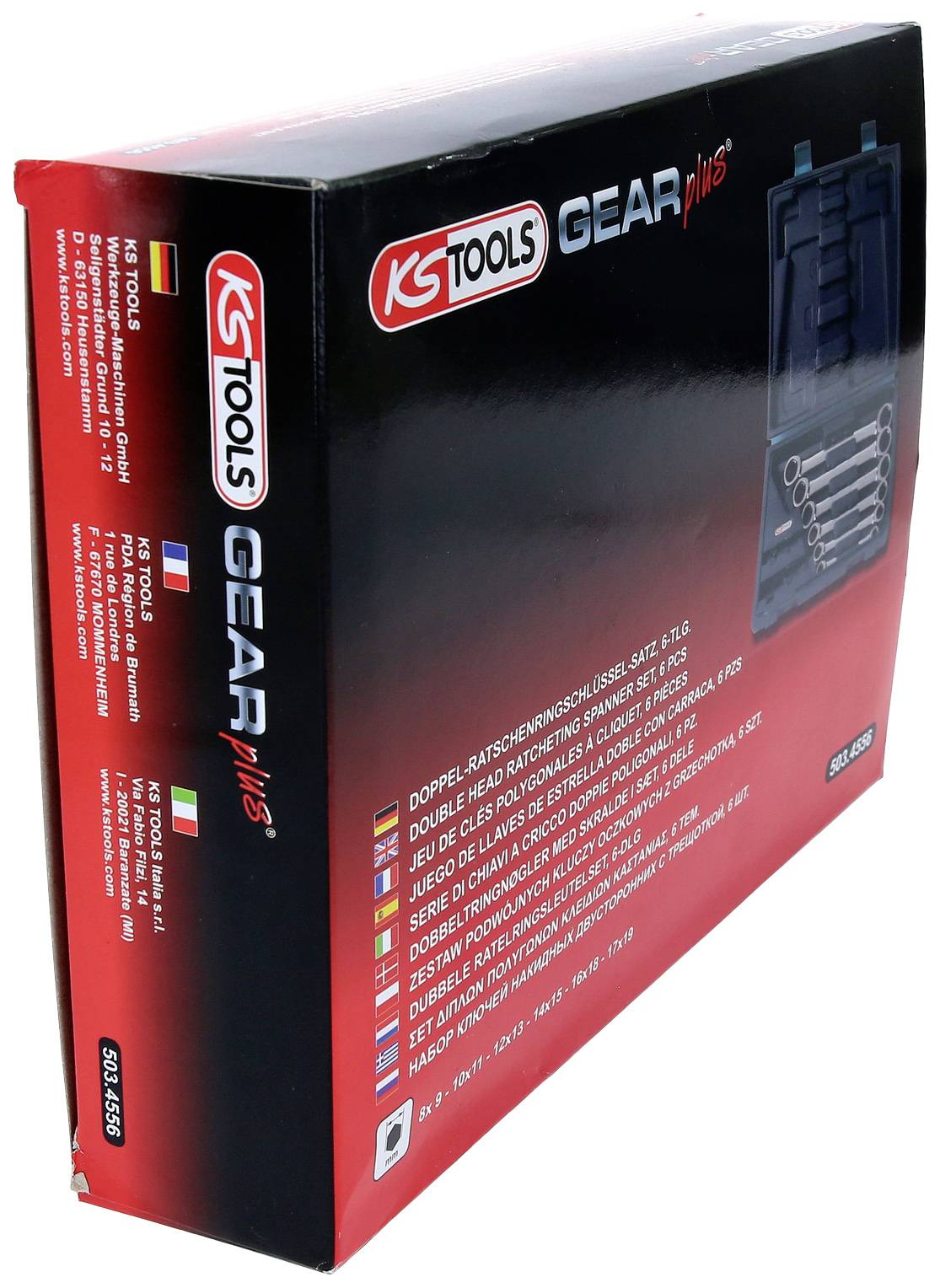 Eine rote Verpackung von KS TOOLS mit der Aufschrift 'GEAR plus'. Enthält einen Satz Doppel-Gabel-Ringschlüssel. Produktabbildung rechts.