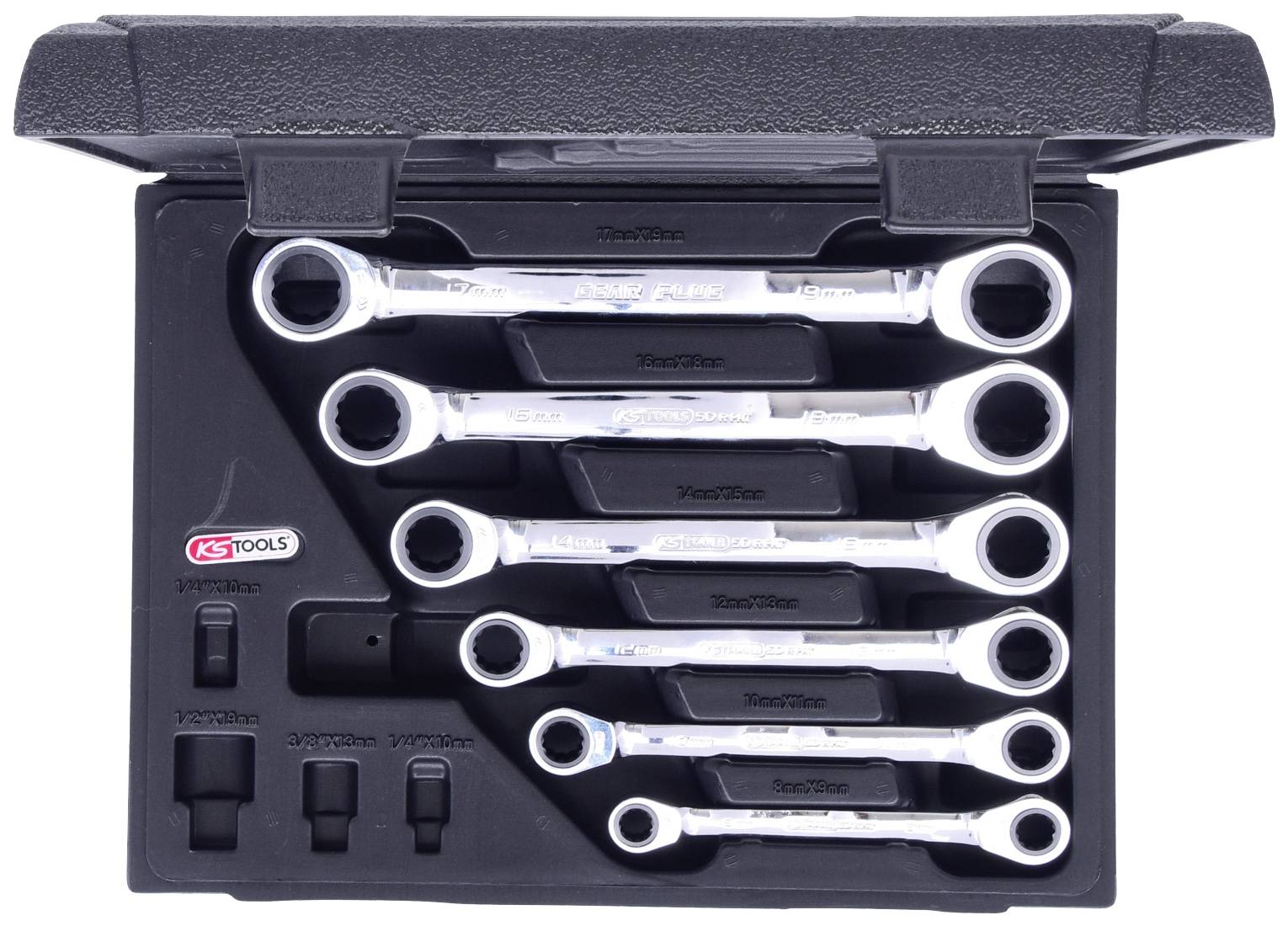Sechsteiliges Ringschlüssel-Set in schwarzer Box, angeordnet von klein nach groß mit 'KS Tools' Logo links.