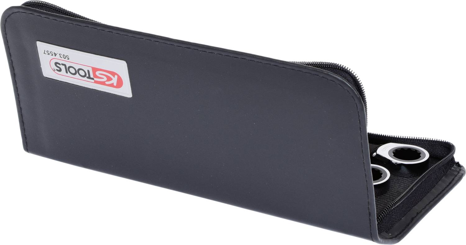 Ein schwarzes Etui mit einem 'KSTOOLS' Logo zeigt drei metallene Ringwerkzeuge. Dient zur sicheren Aufbewahrung und Organisation.