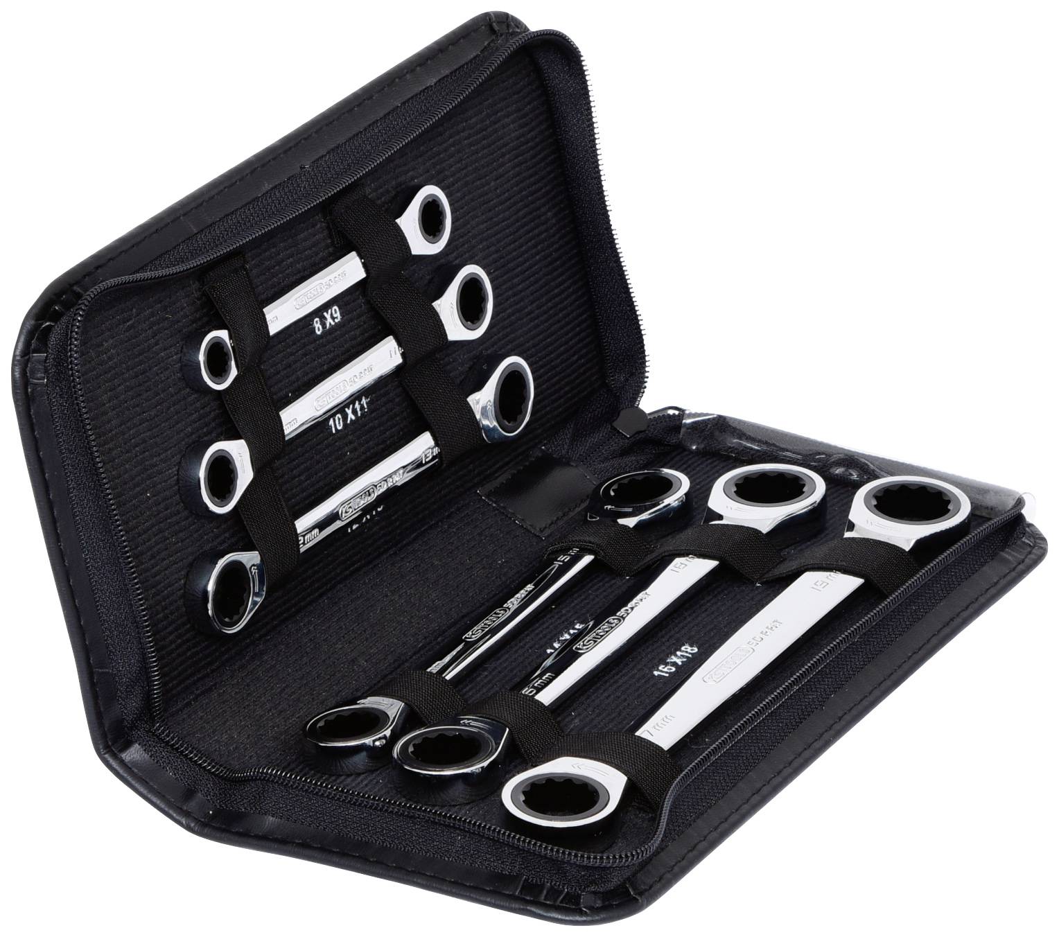 Ein offenes schwarzes Etui mit mehreren Ring- und Maulschlüsseln in verschiedenen Größen, die in elastischen Schlaufen gehalten werden.