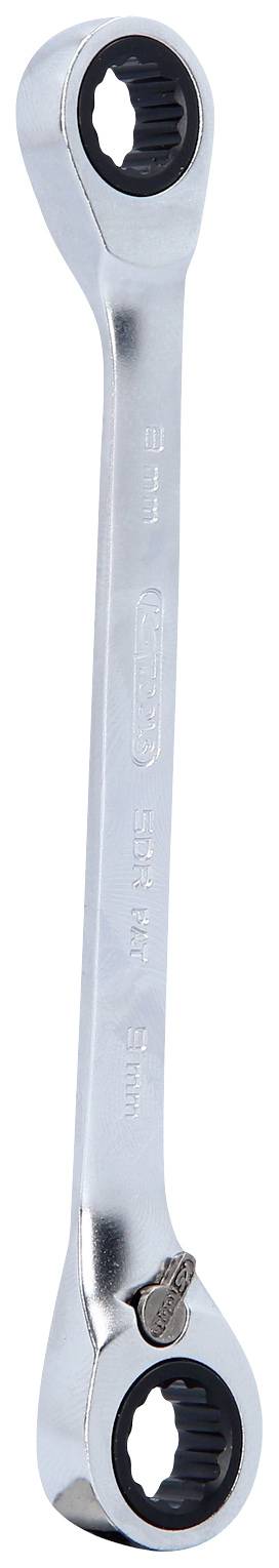 Ein silberner Ringschlüssel mit einer Ratschenfunktion an beiden Enden, geeignet für das Anziehen oder Lösen von Schrauben und Muttern.