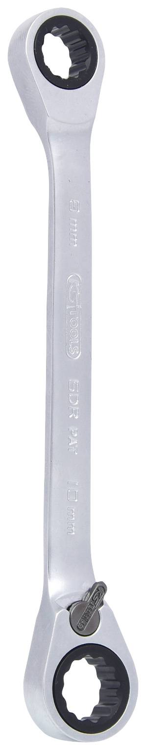 Ein silberner Ratschenschlüssel mit einem umschaltbaren Kopf an jedem Ende. Adapteraufsatz im vorderen Kopf integriert.